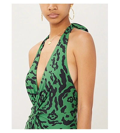 Shop Self-portrait Leopard-print Halterneck Swimsuit In Green+black