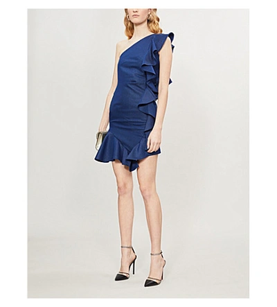 Shop Paper London Ruffled Woven Mini Dress In Blue