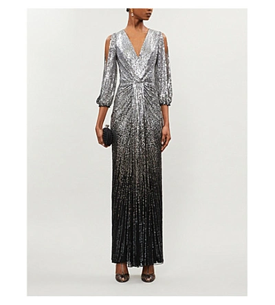 Shop Jenny Packham Jacinta Split-sleeve Draped Sequinned Gown In Black