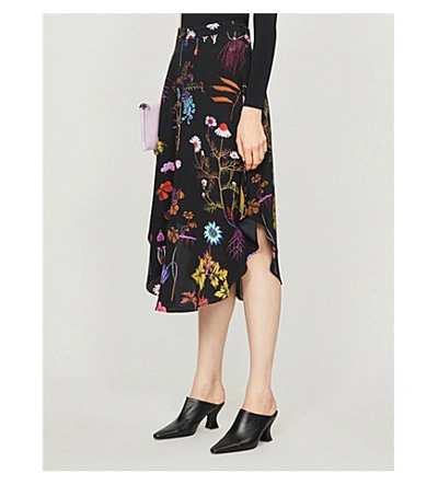 Shop Stella Mccartney Floral-print High-waist Silk Midi Skirt In Black