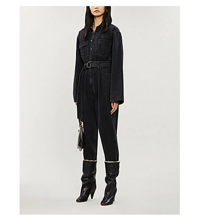 Shop Agolde Tatum Faded Waist-tie Denim Jumpsuit In Shade