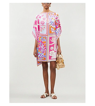 Shop Emilio Pucci Signature-print Silk-satin Kaftan In Fuxia Azzurro