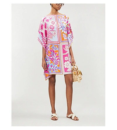 Shop Emilio Pucci Signature-print Silk-satin Kaftan In Fuxia Azzurro