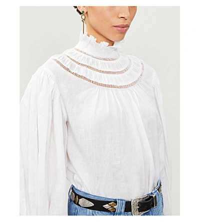 Shop Isabel Marant Étoile Amalia High-neck Flared-trim Linen Blouse In White