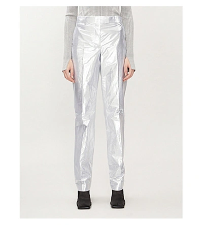 Shop Helmut Lang Metallic Straight Mid-rise Cotton-blend Trousers In Silver Lame