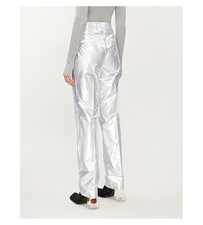 Shop Helmut Lang Metallic Straight Mid-rise Cotton-blend Trousers In Silver Lame