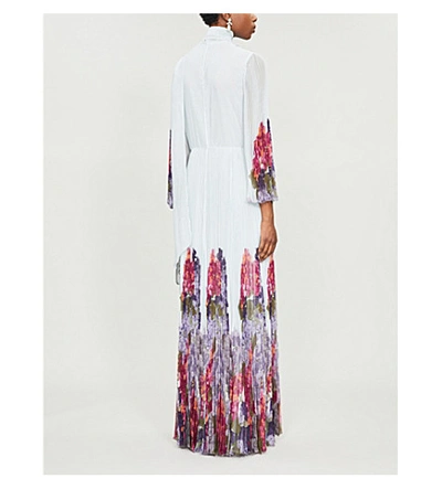 Shop Valentino Floral-print Pleated Silk Gown In Blue Multi