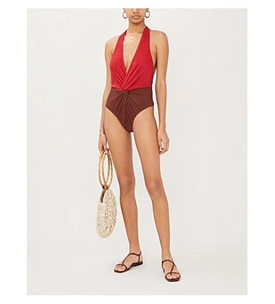 Shop Self-portrait Contrast-panel V-neck Swimsuit In Burgundy+chocolate