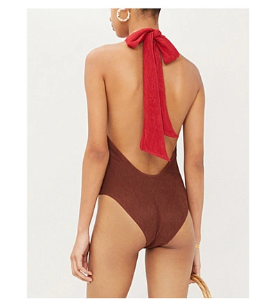 Shop Self-portrait Contrast-panel V-neck Swimsuit In Burgundy+chocolate