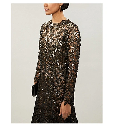 Shop Oscar De La Renta Sequin-embellished Flared Woven Gown In Black/gold