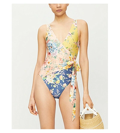 Shop Zimmermann Zinnia Floral-print Wrap-over Swimsuit In Spliced