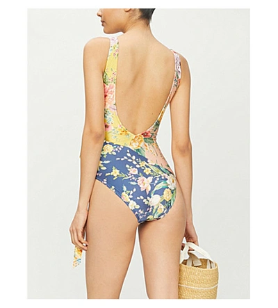 Shop Zimmermann Zinnia Floral-print Wrap-over Swimsuit In Spliced