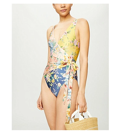 Shop Zimmermann Zinnia Floral-print Wrap-over Swimsuit In Spliced