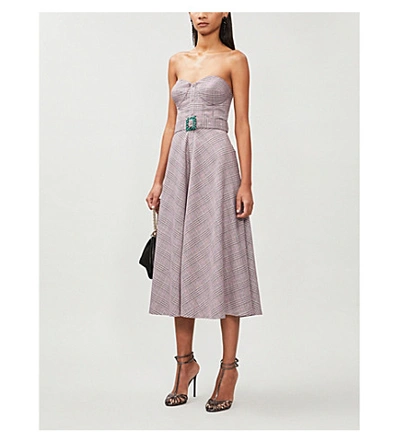 Shop Rotate Birger Christensen Peggy Strapless Belted Woven Midi Dress In Carmine Rose Comb