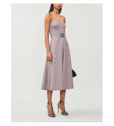 Shop Rotate Birger Christensen Peggy Strapless Belted Woven Midi Dress In Carmine Rose Comb