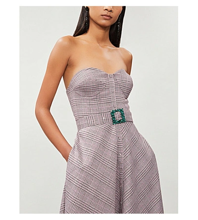 Shop Rotate Birger Christensen Peggy Strapless Belted Woven Midi Dress In Carmine Rose Comb