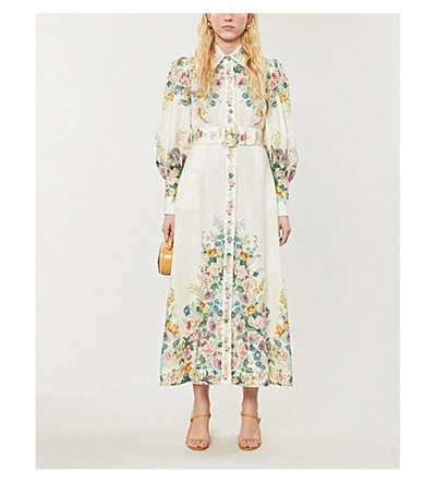 Shop Zimmermann Wavelength Floral-print Linen Midi Dress In Cream+daphne