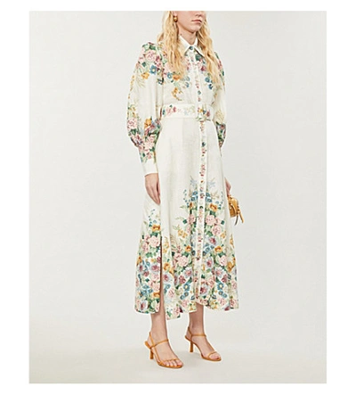 Shop Zimmermann Wavelength Floral-print Linen Midi Dress In Cream+daphne
