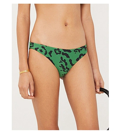 Shop Self-portrait Leopard-print Low-rise Bikini Bottoms In Green+black
