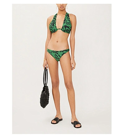 Shop Self-portrait Leopard-print Low-rise Bikini Bottoms In Green+black