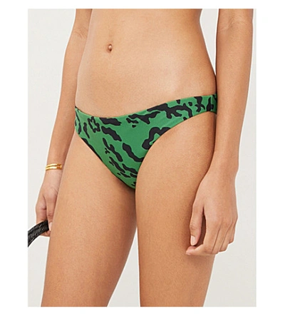 Shop Self-portrait Leopard-print Low-rise Bikini Bottoms In Green+black