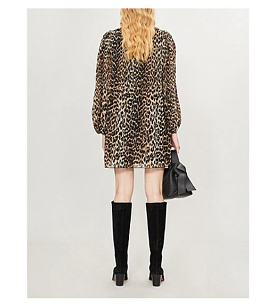 Shop Ganni Georgette Leopard-print Woven Mini Dress