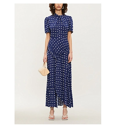 Shop Self-portrait Printed Ruched Crepe Maxi Dress In Navy+ivory