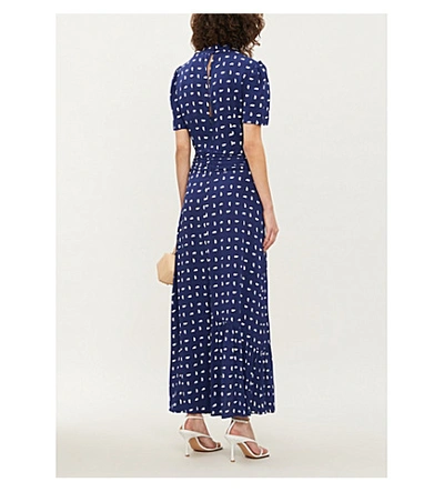 Shop Self-portrait Printed Ruched Crepe Maxi Dress In Navy+ivory