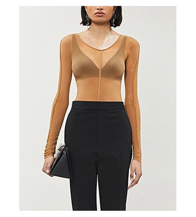 Helmut Lang V-neck Sheer Mesh Top In Nude | ModeSens