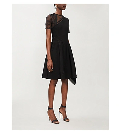 Shop Oscar De La Renta Asymmetric Mesh-detail Stretch-woven Mini Dress In Black