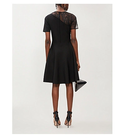 Shop Oscar De La Renta Asymmetric Mesh-detail Stretch-woven Mini Dress In Black