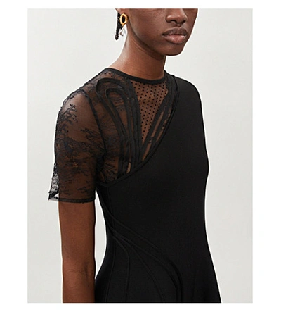 Shop Oscar De La Renta Asymmetric Mesh-detail Stretch-woven Mini Dress In Black