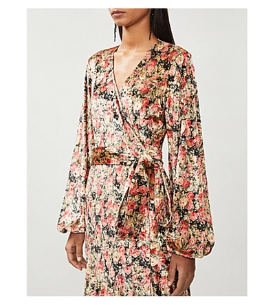 Shop Rotate Birger Christensen Beatrix Floral-print Velvet Midi Wrap Dress In Whitecap+gray+aop