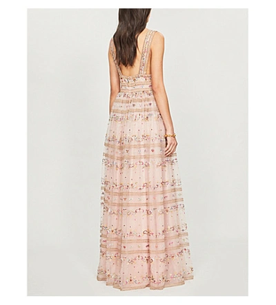 Shop Costarellos Floral-embroidered Tulle Maxi Dress In Rose+multi