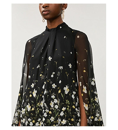 Shop Erdem Concetta Ruffled-trim Floral-print Silk Mini Dress In Black+white