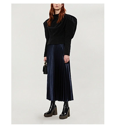 Shop Sandro Pleated Satin Skirt In Navy Blue