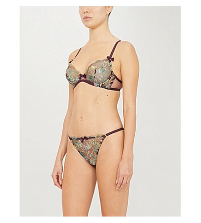 Shop Agent Provocateur Sparkle Metallic Floral-embroidered Mesh Underwired Bra In Wine Multi