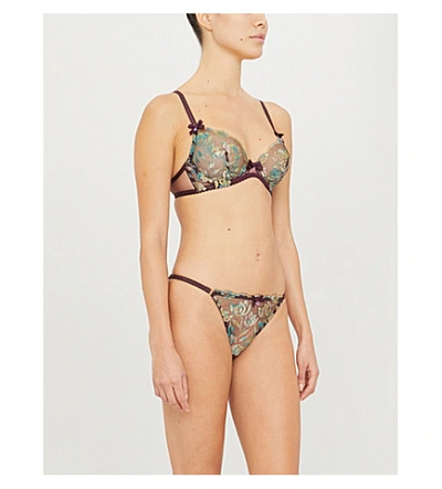 Shop Agent Provocateur Sparkle Metallic Floral-embroidered Mesh Underwired Bra In Wine Multi