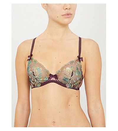 Shop Agent Provocateur Sparkle Metallic Floral-embroidered Mesh Underwired Bra In Wine Multi