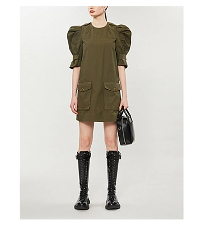 Shop Alexander Mcqueen Puff-sleeve Cotton Mini Dress In Khaki+green