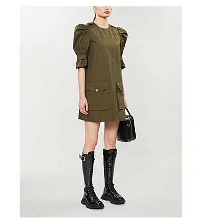 Shop Alexander Mcqueen Puff-sleeve Cotton Mini Dress In Khaki+green