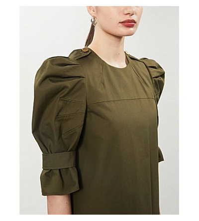 Shop Alexander Mcqueen Puff-sleeve Cotton Mini Dress In Khaki+green
