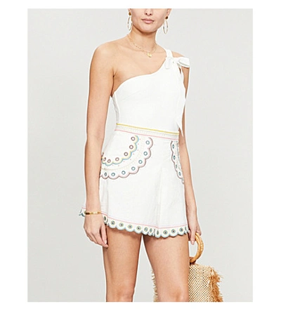 Shop Zimmermann Peggy Embroidered Linen And Cotton-blend Shorts In Ivory+multi