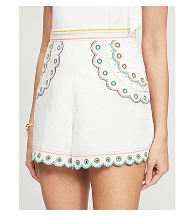 Shop Zimmermann Peggy Embroidered Linen And Cotton-blend Shorts In Ivory+multi
