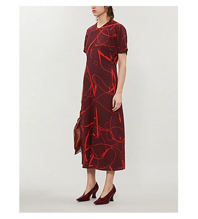 Shop Victoria Beckham Printed Crepe Midi Dress In Bordeaux+orange