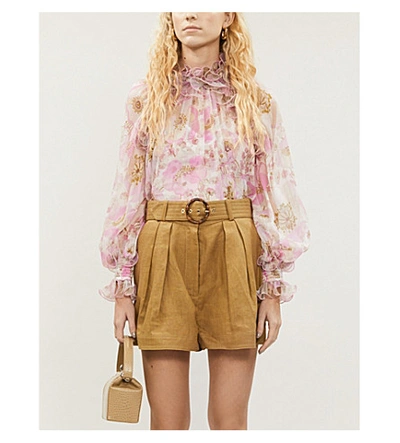 Shop Zimmermann Super Eight Floral-print Silk-blend Crepe Blouse In Pink+poppy