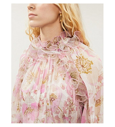 Shop Zimmermann Super Eight Floral-print Silk-blend Crepe Blouse In Pink+poppy