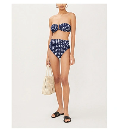 Shop Self-portrait Mini Sails Print Ruched Bikini Bottoms In Navy+white