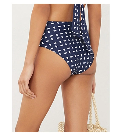 Shop Self-portrait Mini Sails Print Ruched Bikini Bottoms In Navy+white