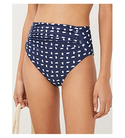 Shop Self-portrait Mini Sails Print Ruched Bikini Bottoms In Navy+white